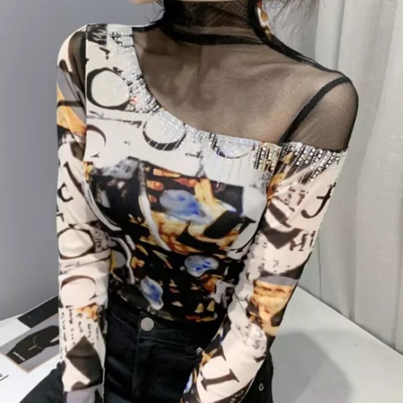 🎉 Pre Order New Black Sheer Mesh Color Bloc Print Turtleneck Top - Picture 6 of 9